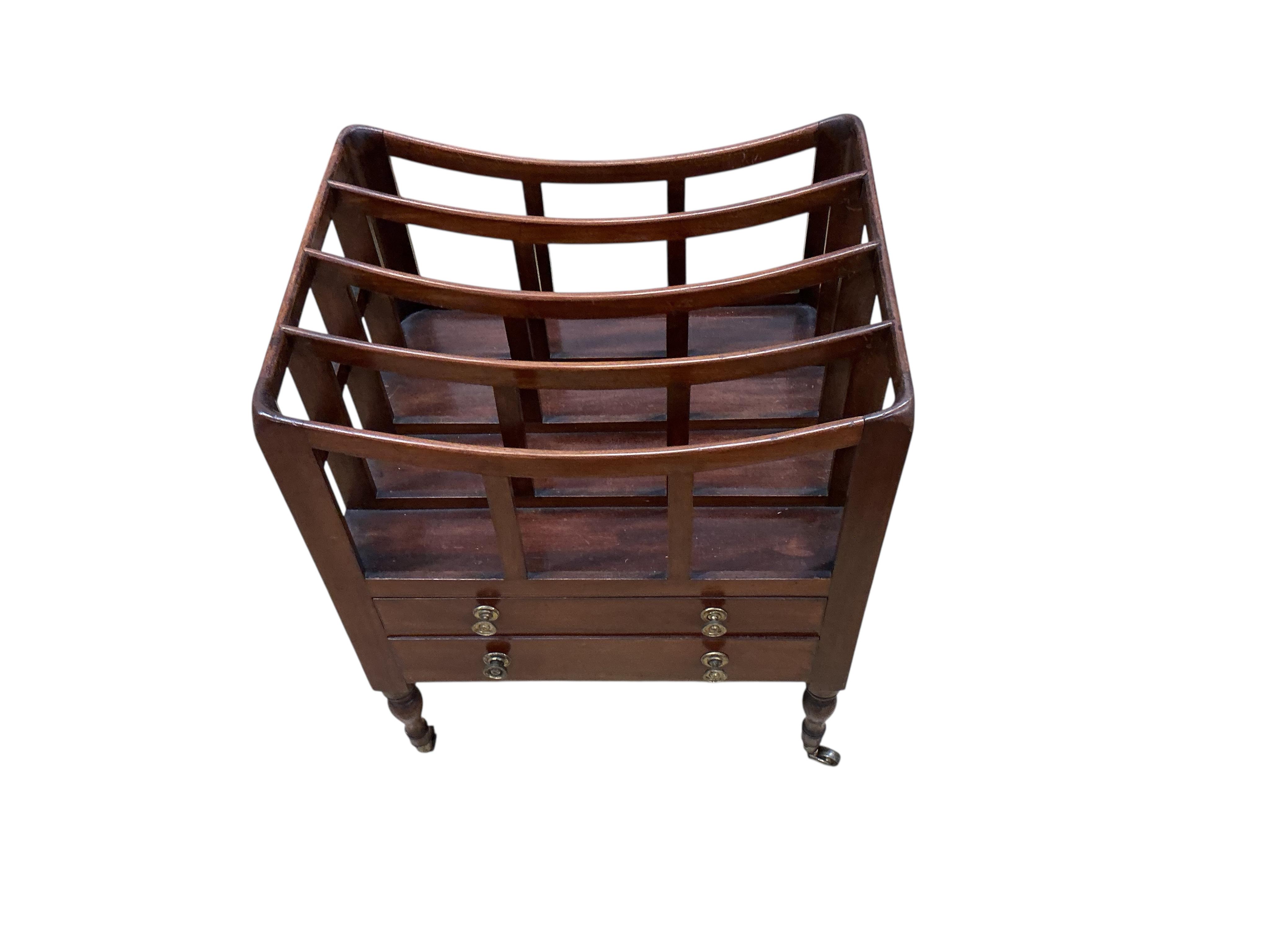 A Regency mahogany four division Canterbury with two base drawers, width 46cm, depth 36cm, height 59cm